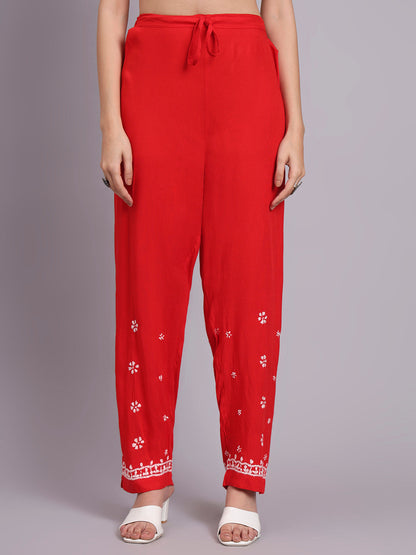 Women Hand Embroidered Chikankari Rayon Kurta set-AL3451KS Redandwhite