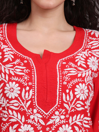 Women Hand Embroidered Chikankari Rayon Kurta set-AL3451KS Redandwhite