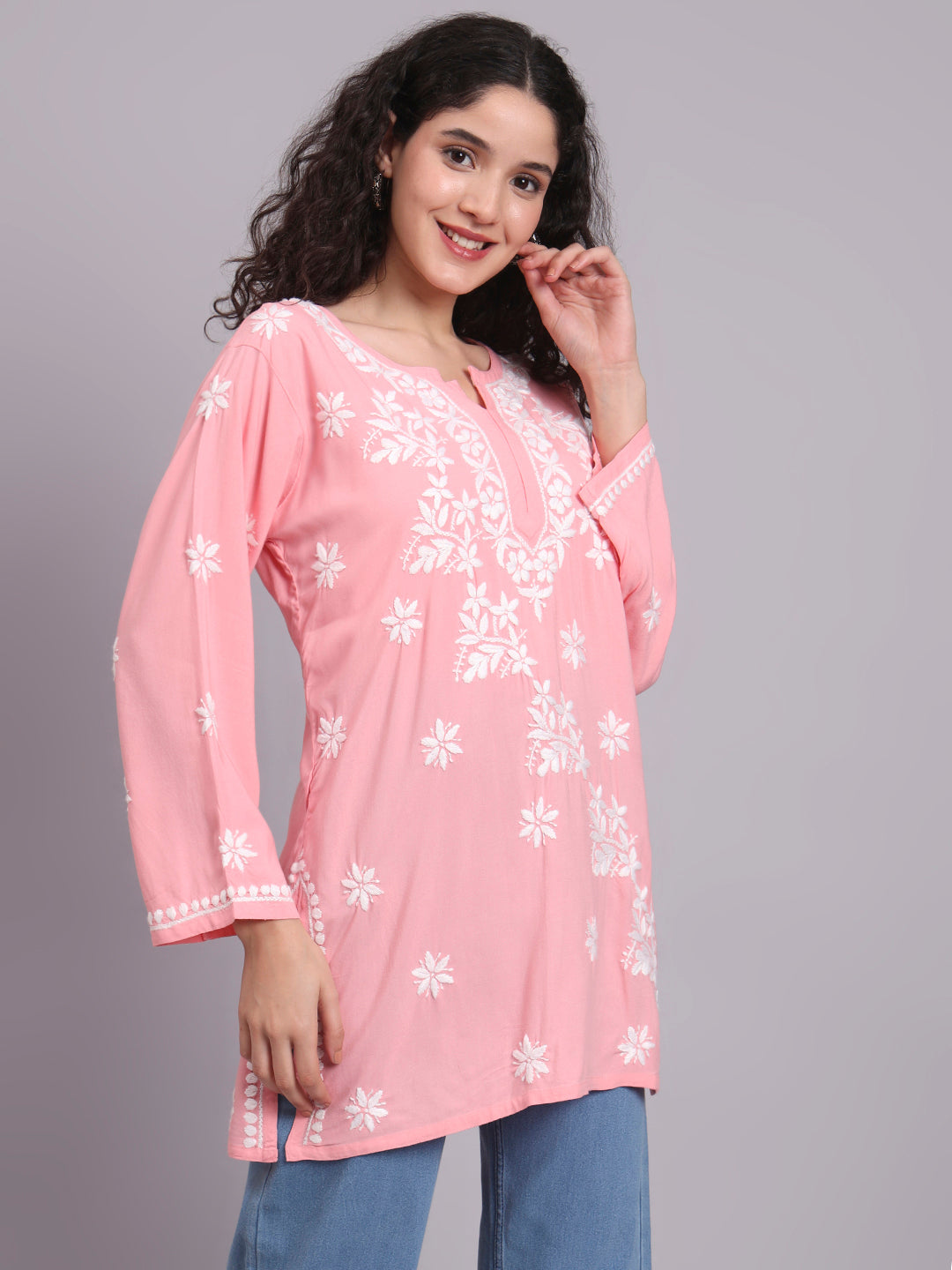 Women Chikankari Hand Embroidered Rayon Kurti -AL4071 Peach
