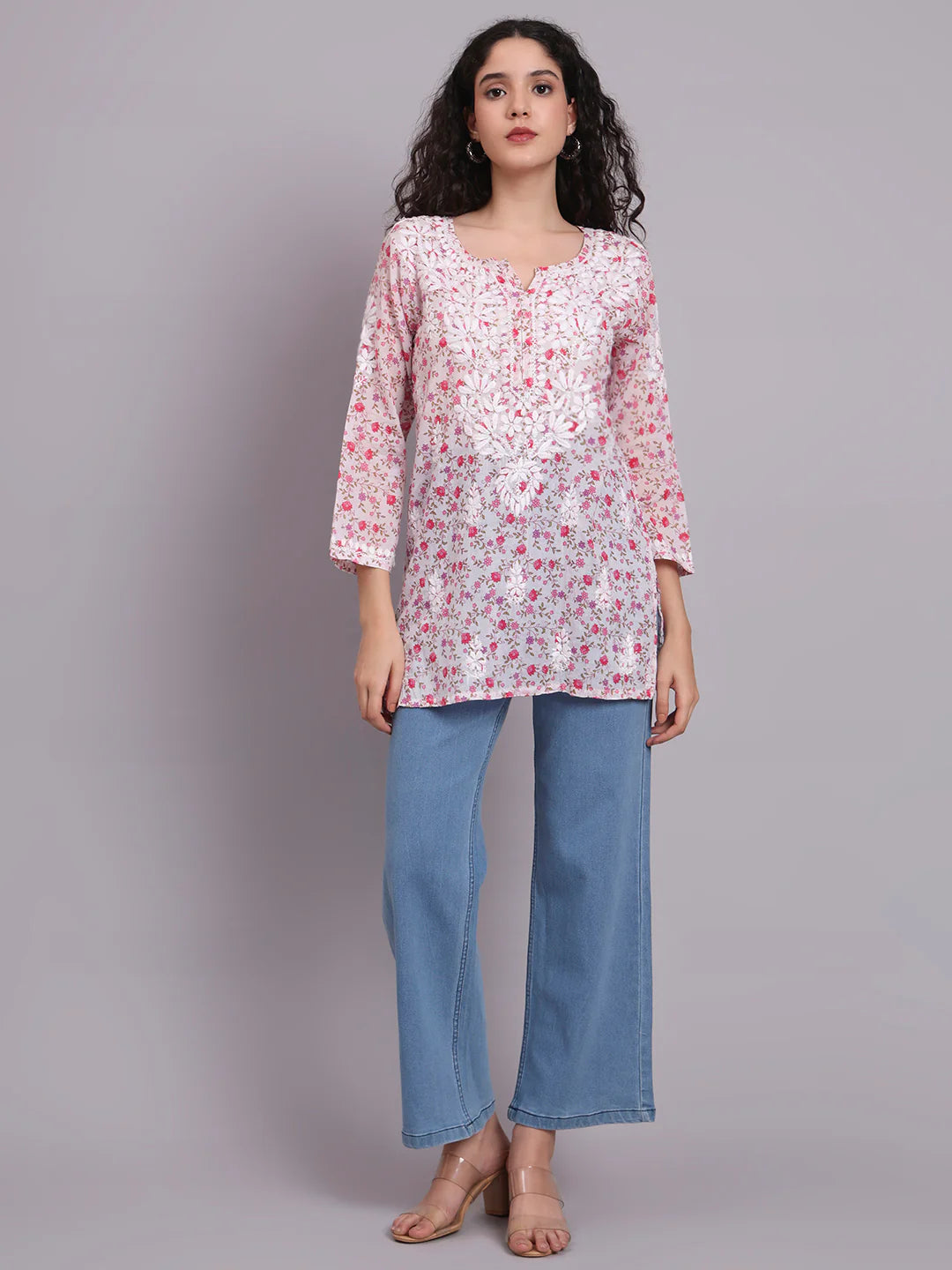 Women Hand Embroidered Chikankari Printed Cotton Kurti-AL4073 Pink