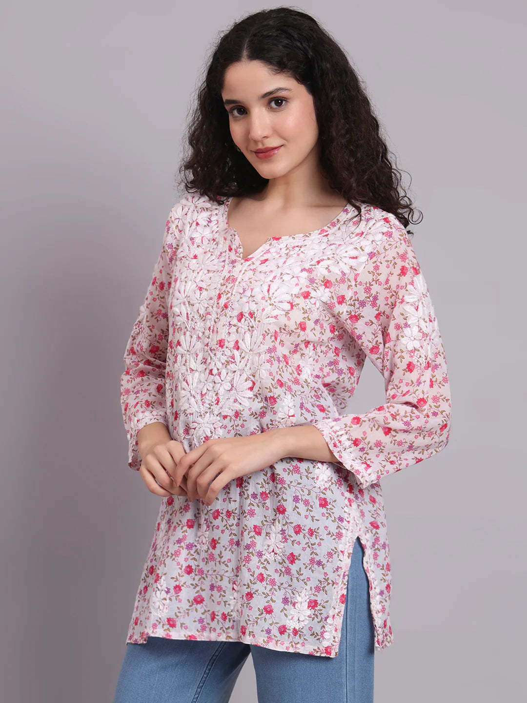 Women Hand Embroidered Chikankari Printed Cotton Kurti-AL4073 Pink