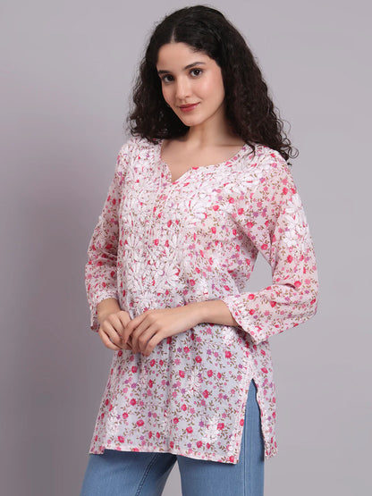Women Hand Embroidered Chikankari Printed Cotton Kurti-AL4073 Pink