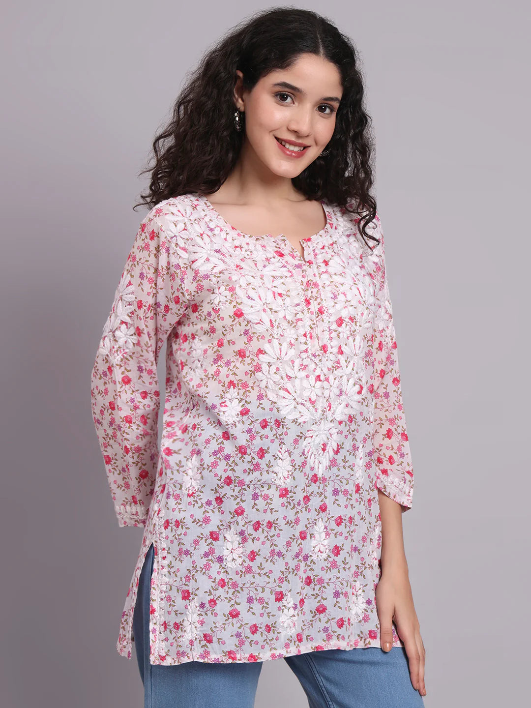 Women Hand Embroidered Chikankari Printed Cotton Kurti-AL4073 Pink