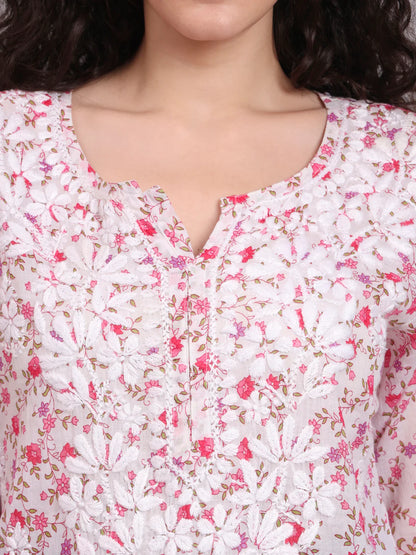Women Hand Embroidered Chikankari Printed Cotton Kurti-AL4073 Pink