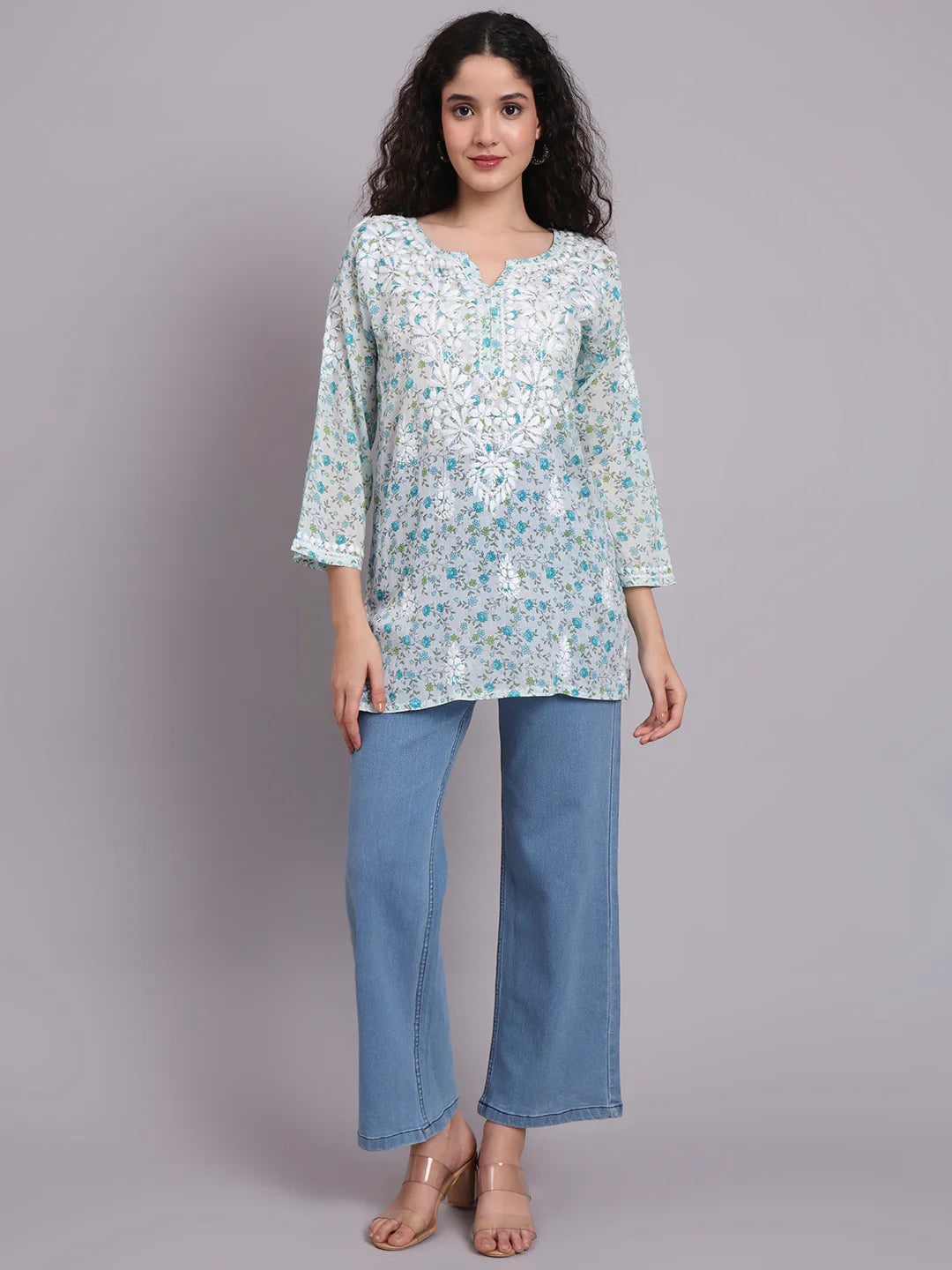 Women Hand Embroidered Chikankari Printed Cotton Kurti-AL4073 Blue