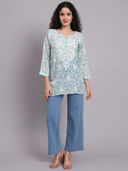 Women Hand Embroidered Chikankari Printed Cotton Kurti-AL4073 Blue