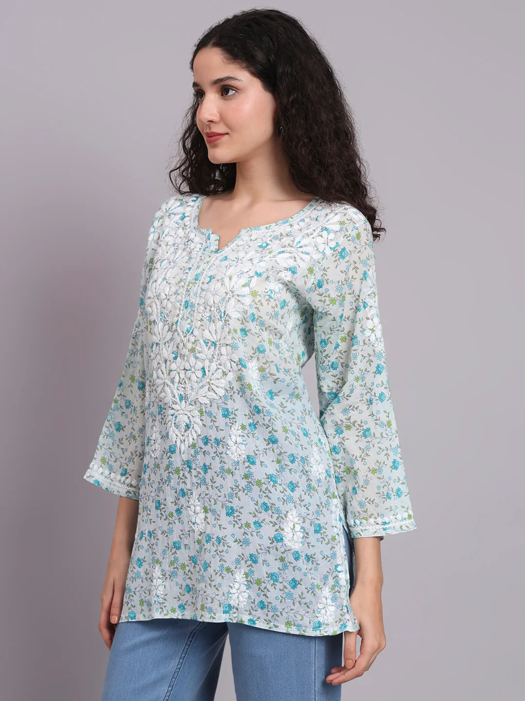 Women Hand Embroidered Chikankari Printed Cotton Kurti-AL4073 Blue