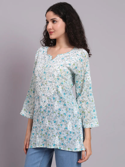 Women Hand Embroidered Chikankari Printed Cotton Kurti-AL4073 Blue