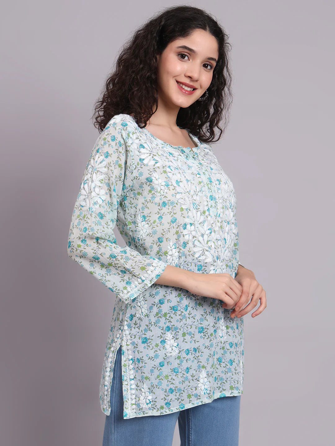 Women Hand Embroidered Chikankari Printed Cotton Kurti-AL4073 Blue