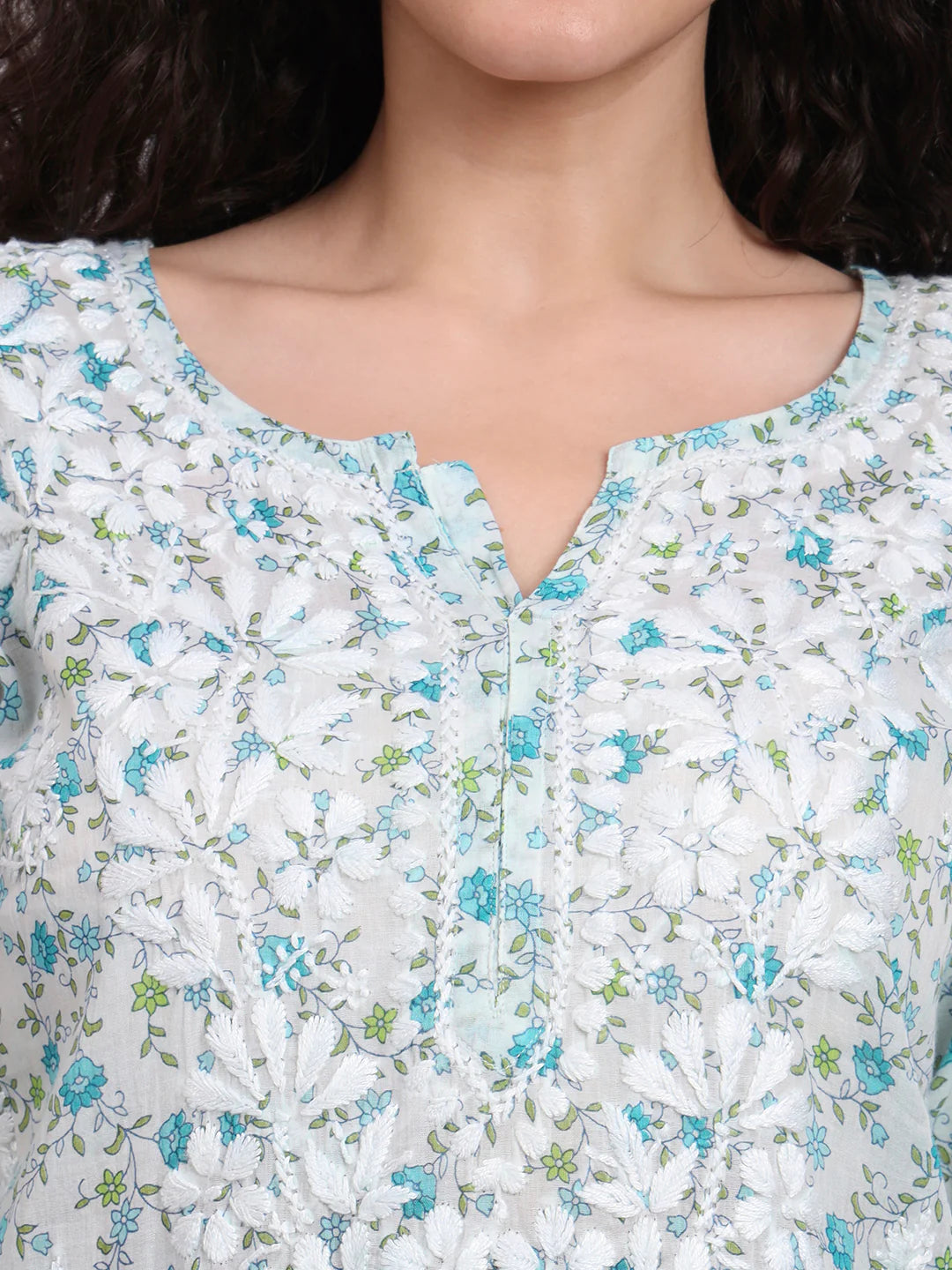 Women Hand Embroidered Chikankari Printed Cotton Kurti-AL4073 Blue