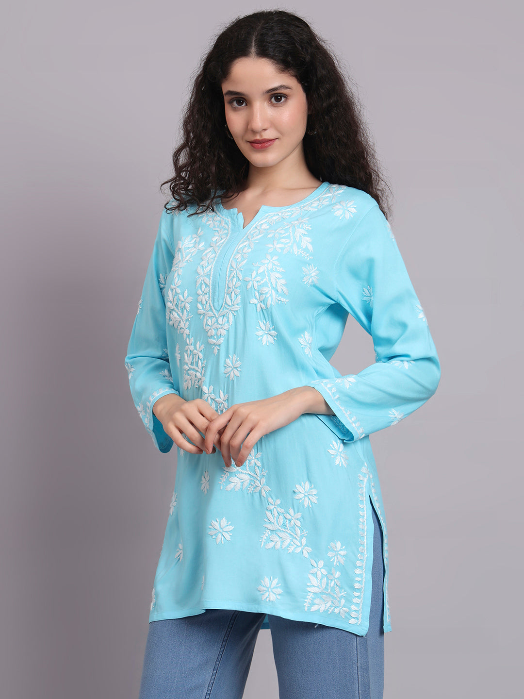 Women Hand Embroidered Chikankari Rayon Kurti-AL4071 Sky Blue