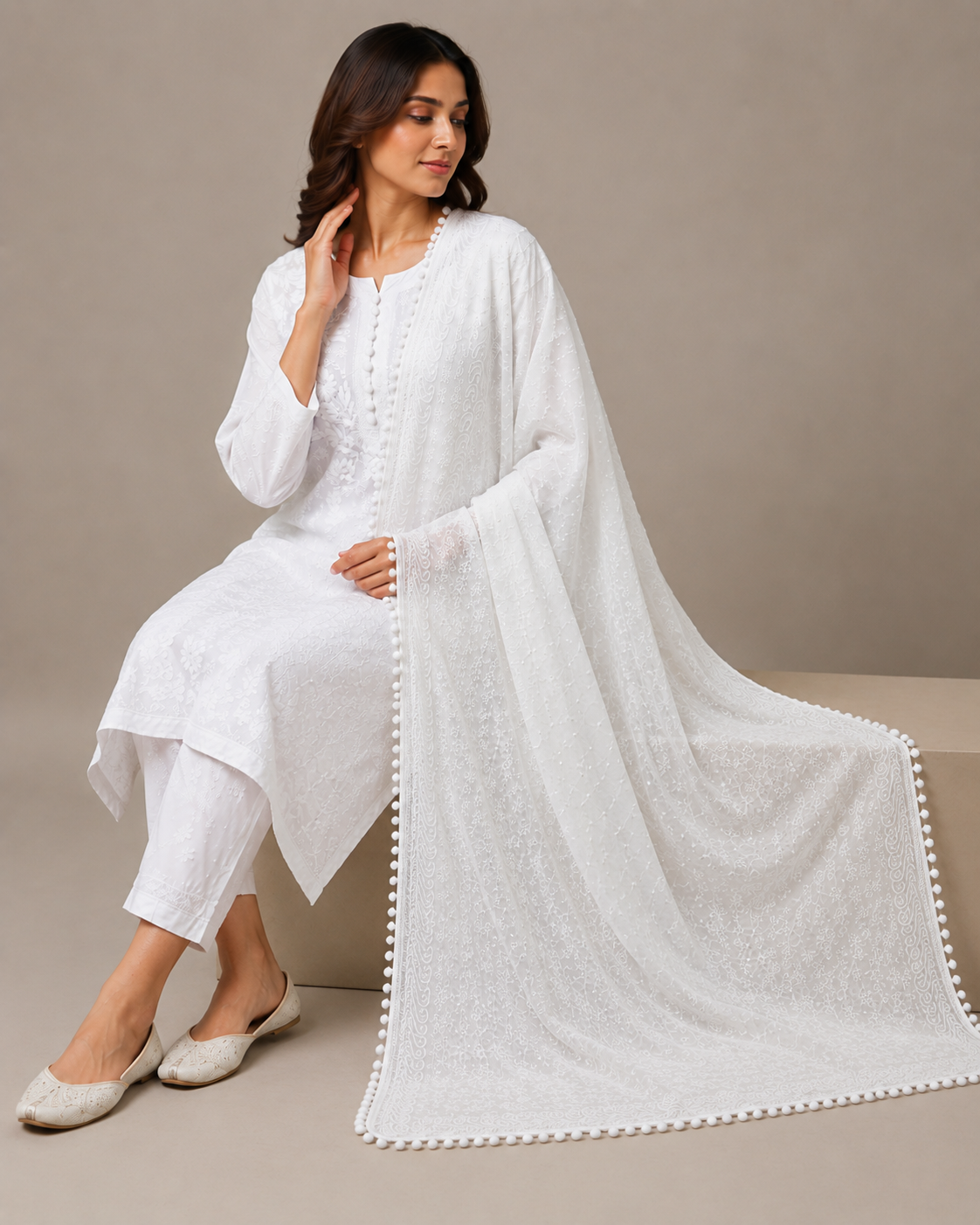 Women Embroidered Georgette Dupatta-AL3721NEW Cream