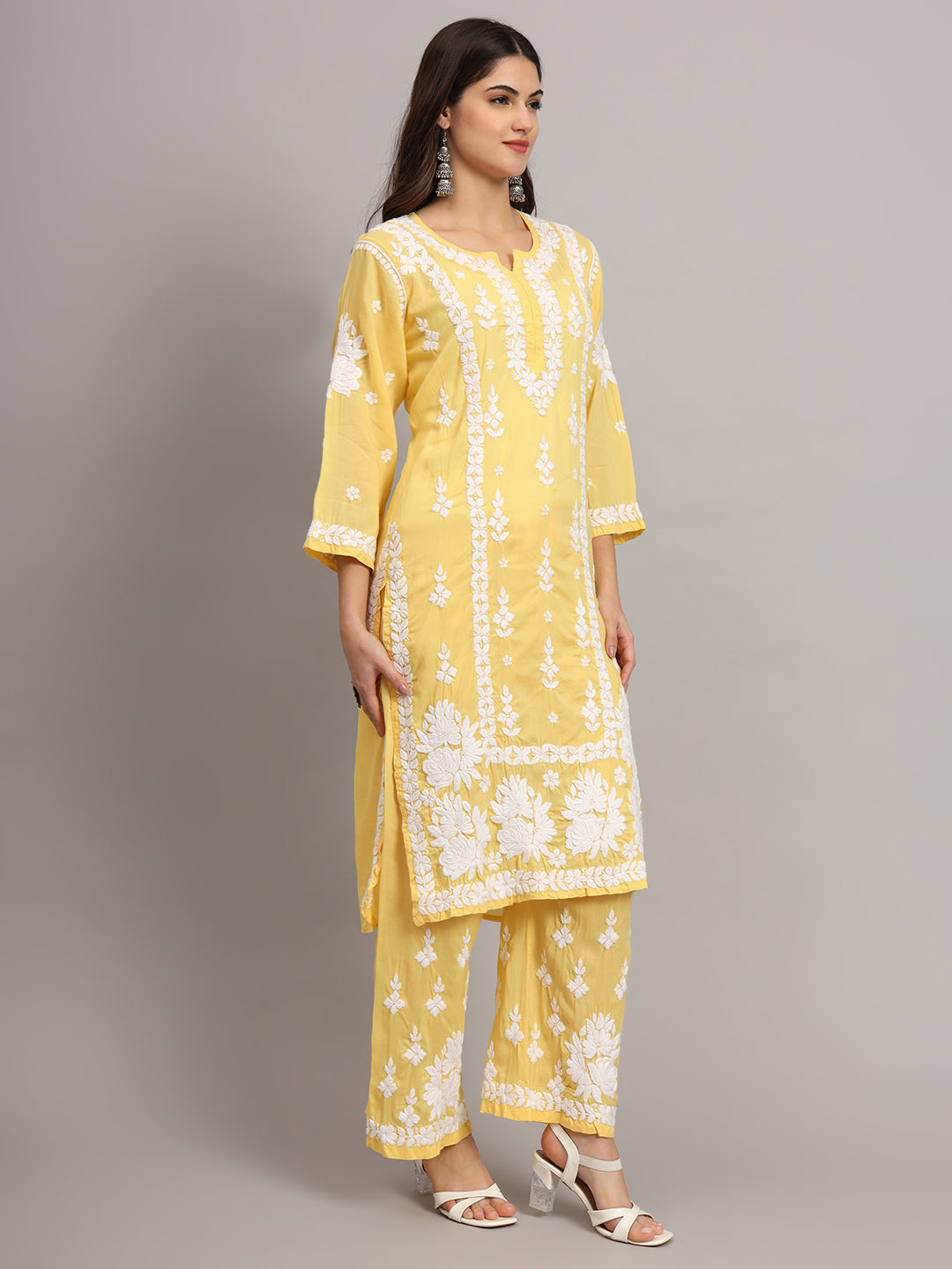Women Hand Embroidered Chikankari Modal Kurta set-AL4049KS Yellow
