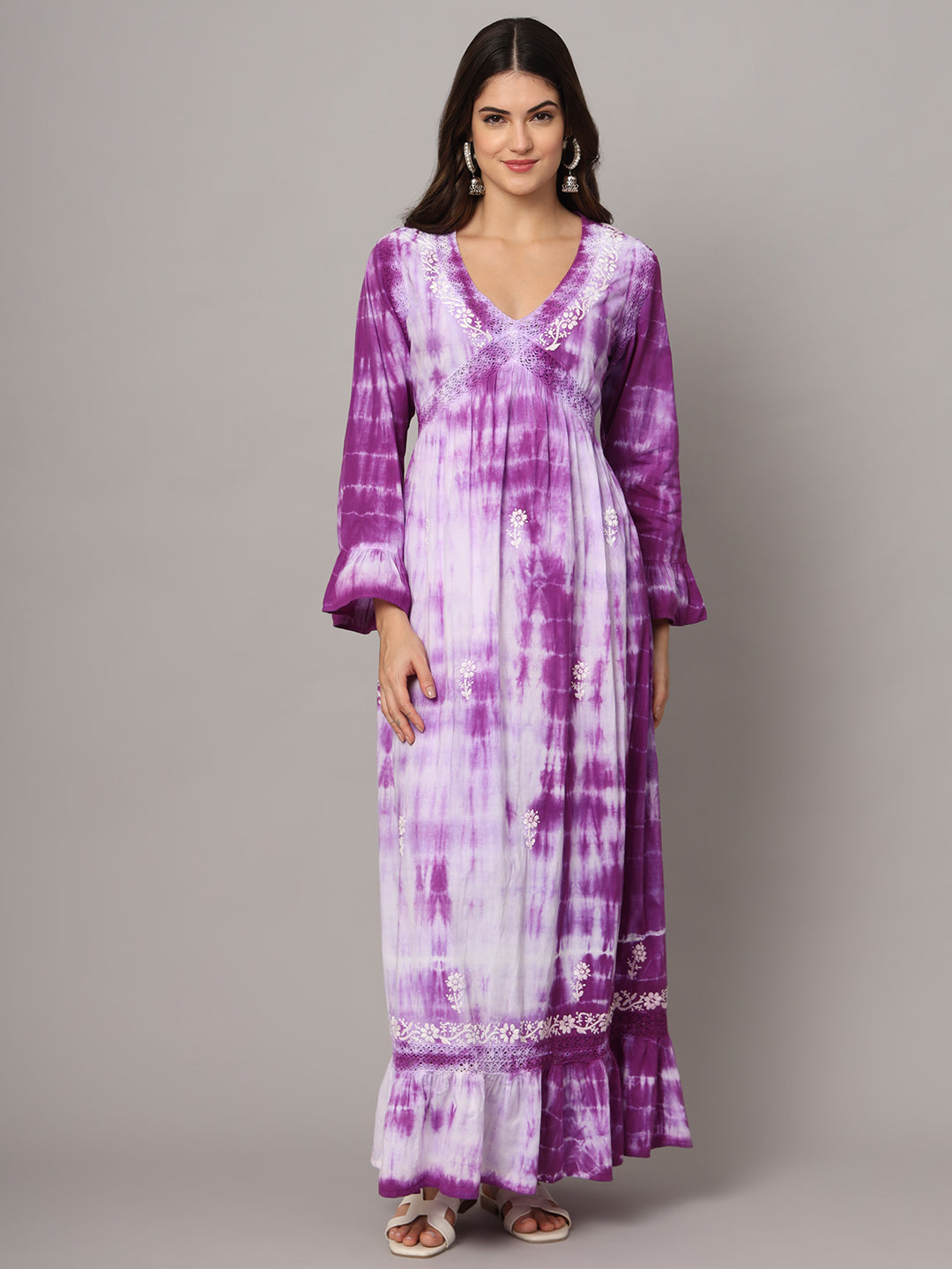Women Chikankari Hand Embroidered Cotton Jalabiya in Tie-Dye shades-AL2160