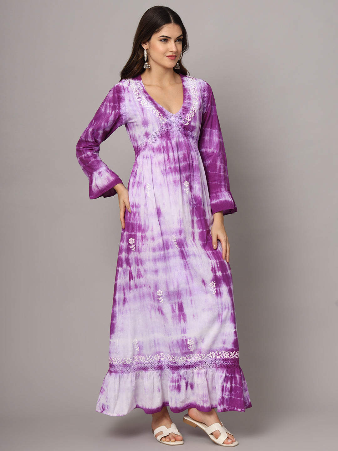 Women Chikankari Hand Embroidered Cotton Jalabiya in Tie-Dye shades-AL2160 Mauve