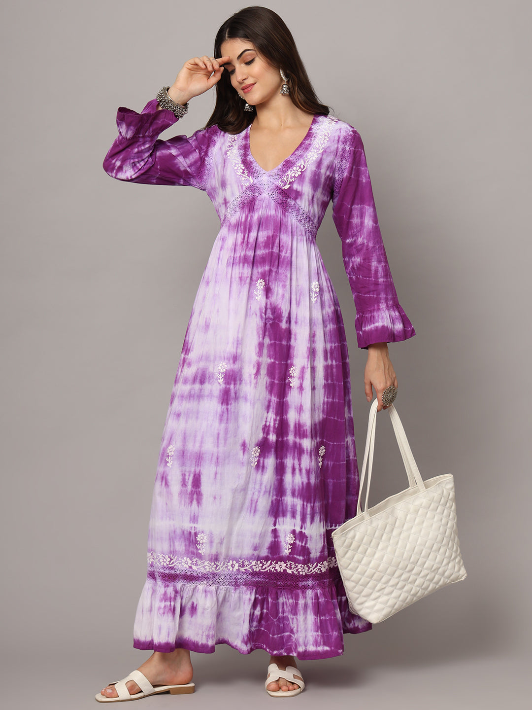 Women Chikankari Hand Embroidered Cotton Jalabiya in Tie-Dye shades-AL2160