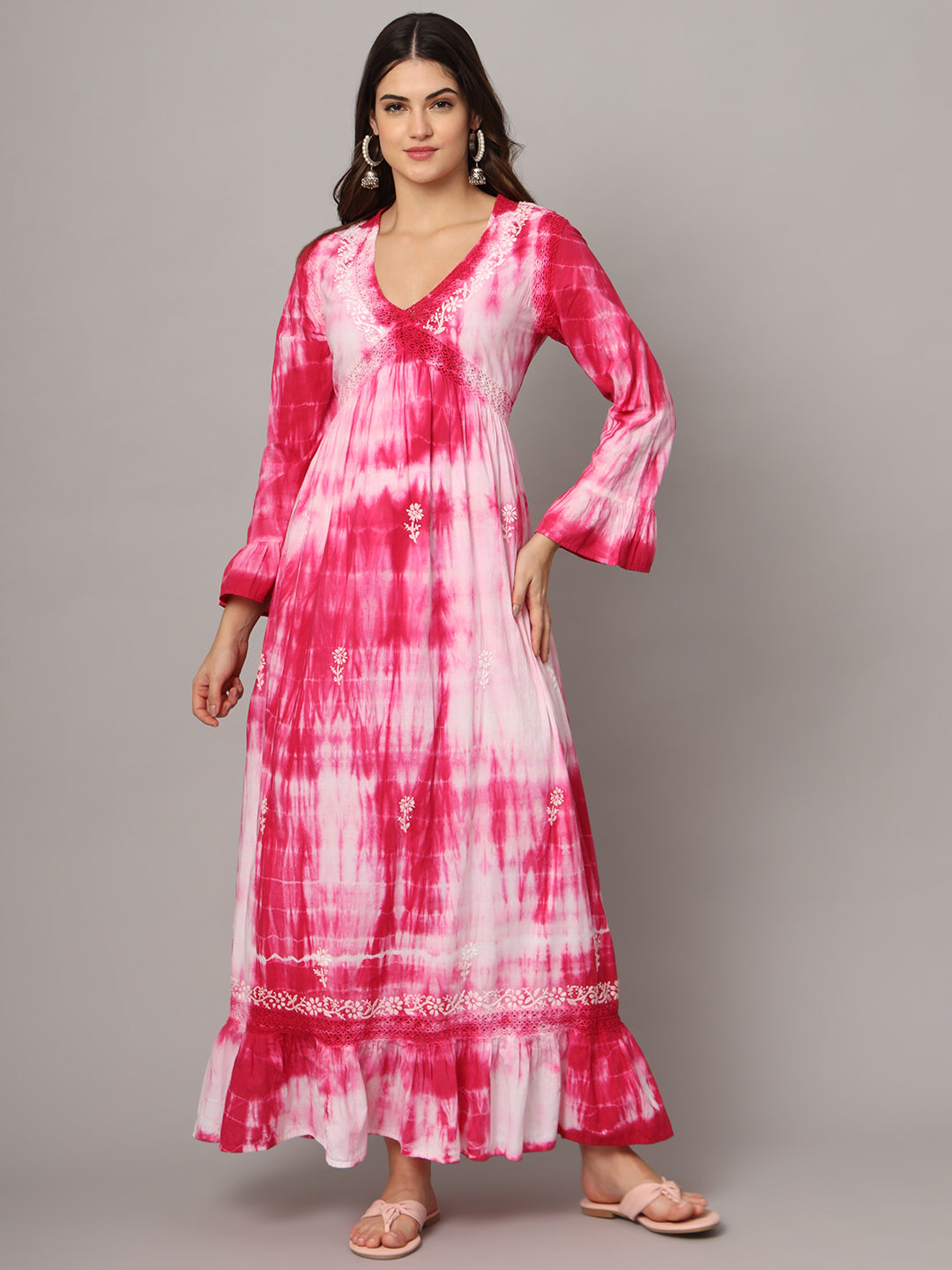 Women Chikankari Hand Embroidered Cotton Jalabiya in Tie-Dye shades-AL2160