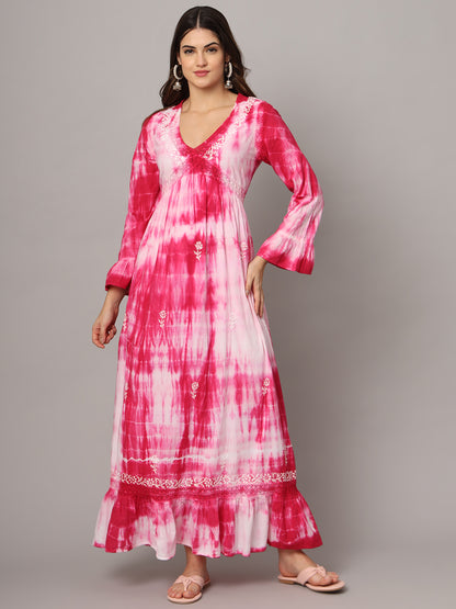 Women Chikankari Hand Embroidered Cotton Jalabiya in Tie-Dye shades-AL2160