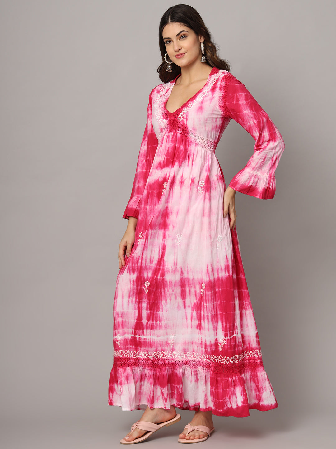 Women Chikankari Hand Embroidered Cotton Jalabiya in Tie-Dye shades-AL2160 Magenta