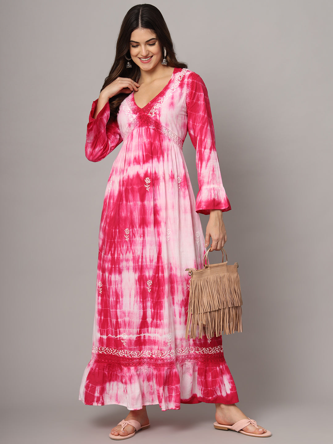 Women Chikankari Hand Embroidered Cotton Jalabiya in Tie-Dye shades-AL2160