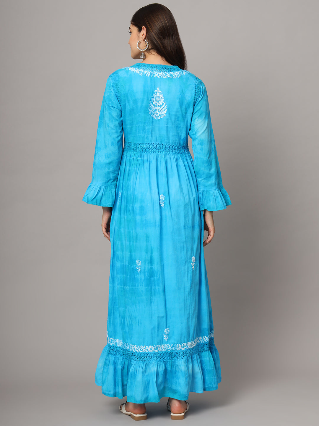 Women Chikankari Hand Embroidered Cotton Jalabiya in Tie-Dye shades-AL2160 Blue