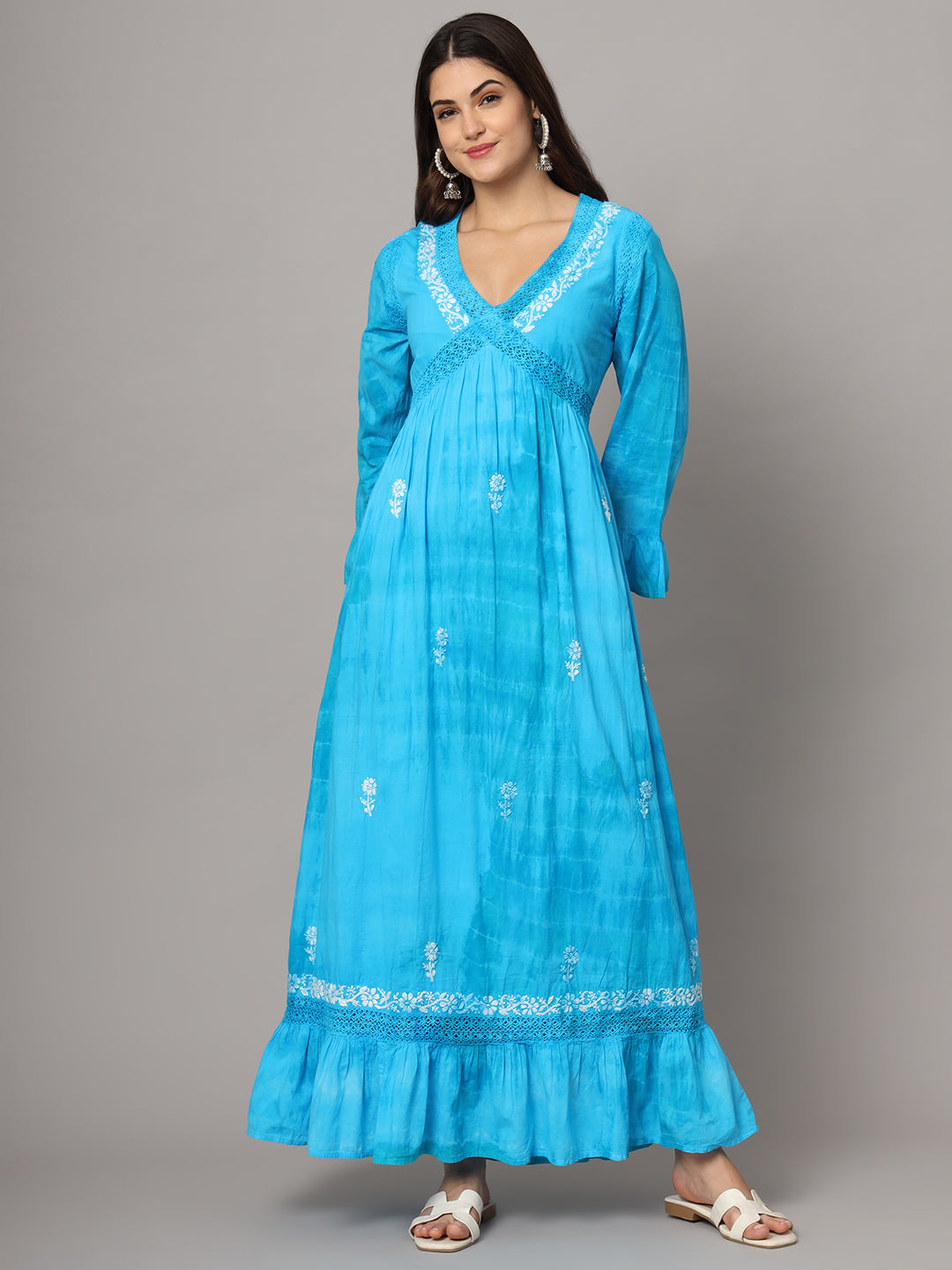 Women Chikankari Hand Embroidered Cotton Jalabiya in Tie-Dye shades-AL2160