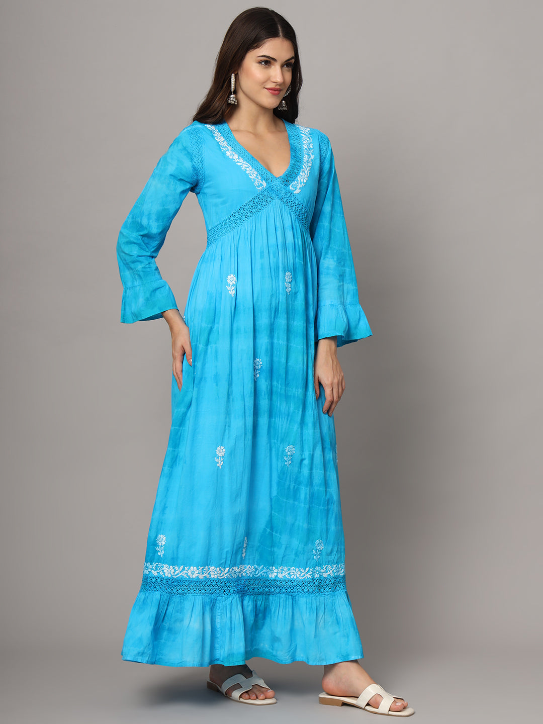 Women Chikankari Hand Embroidered Cotton Jalabiya in Tie-Dye shades-AL2160 Blue