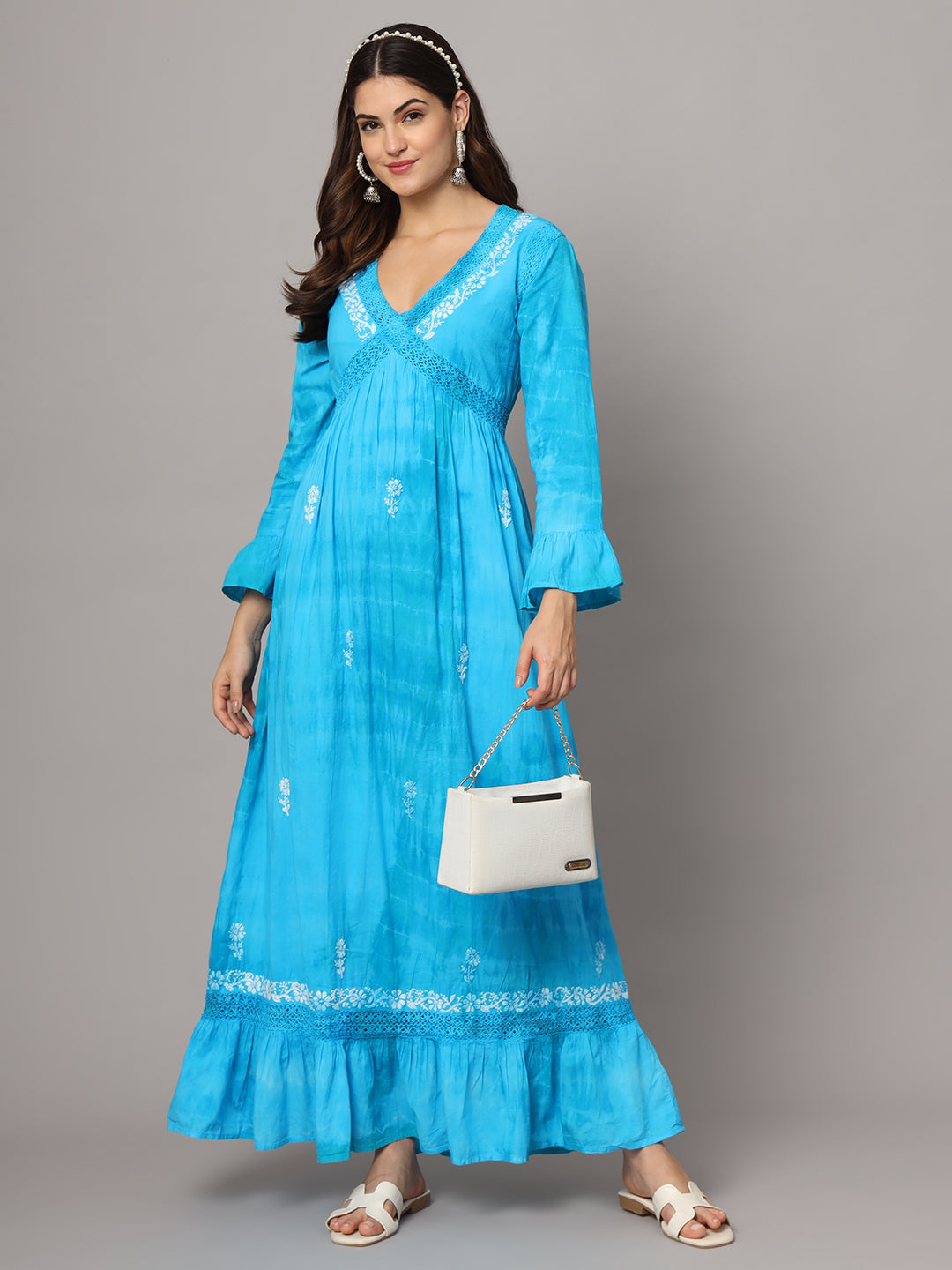 Women Chikankari Hand Embroidered Cotton Jalabiya in Tie-Dye shades-AL2160 Blue