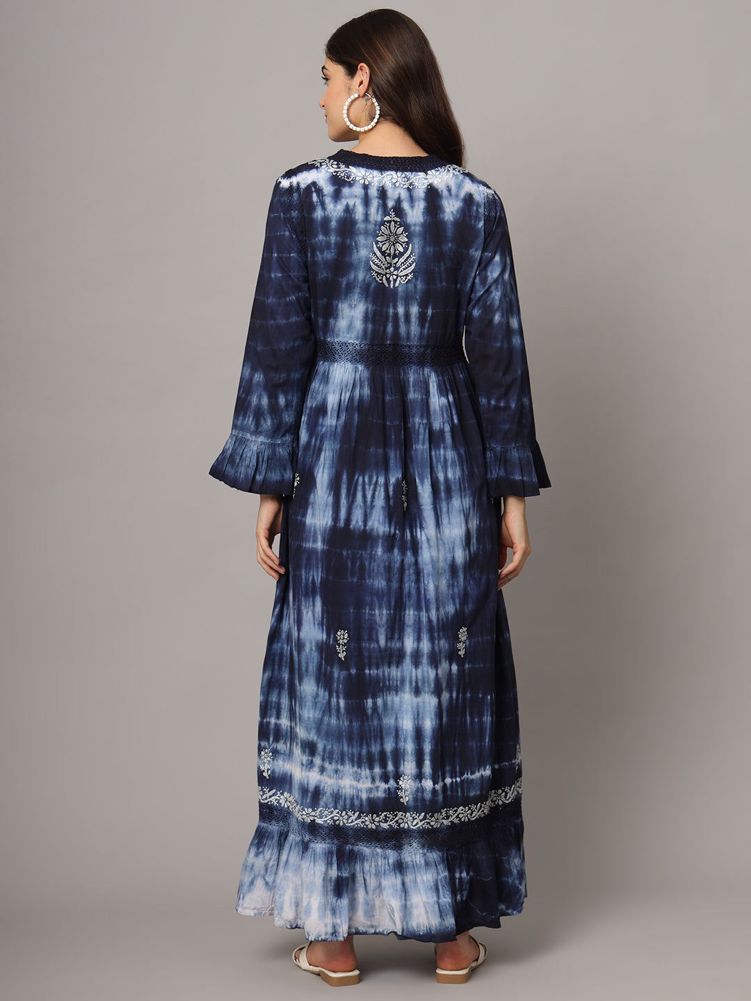 Women Chikankari Hand Embroidered Cotton Jalabiya in Tie-Dye shades-AL2160 Navy