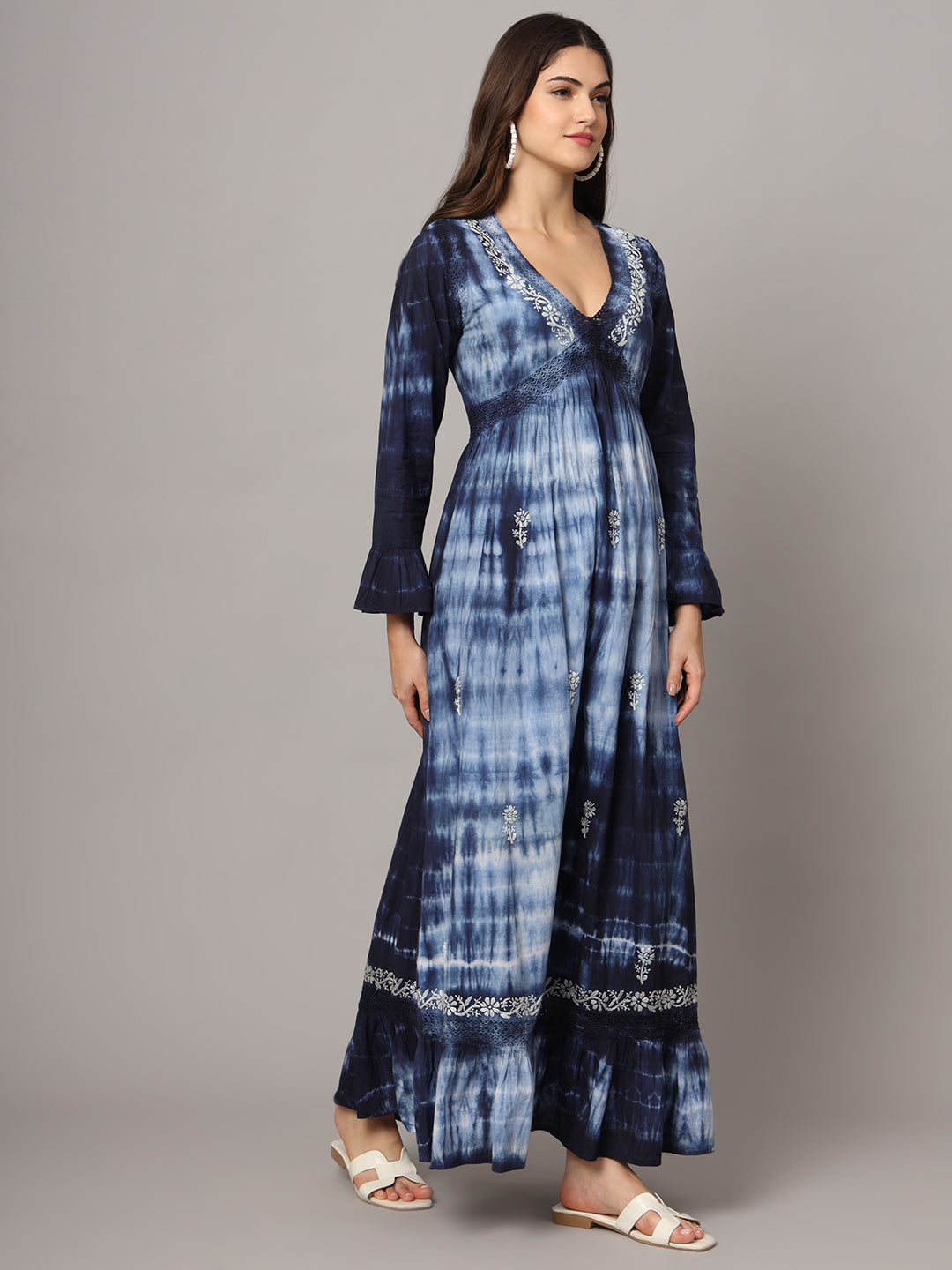Women Chikankari Hand Embroidered Cotton Jalabiya in Tie-Dye shades-AL2160 Navy