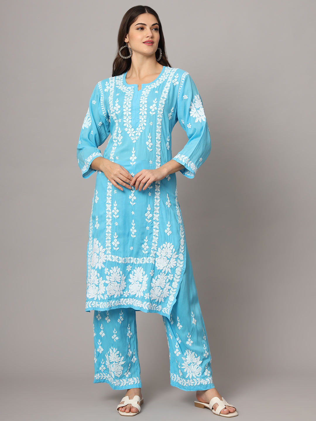 Women Hand Embroidered Chikankari Modal Kurta set-AL4049KS Turquoise