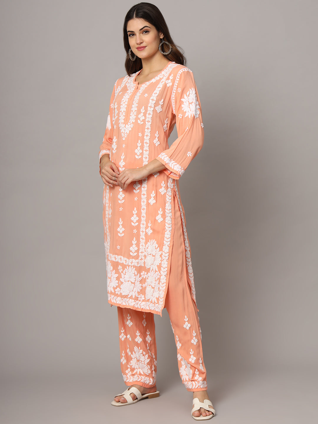 Women Hand Embroidered Chikankari Modal Kurta set-AL4049KS Peach