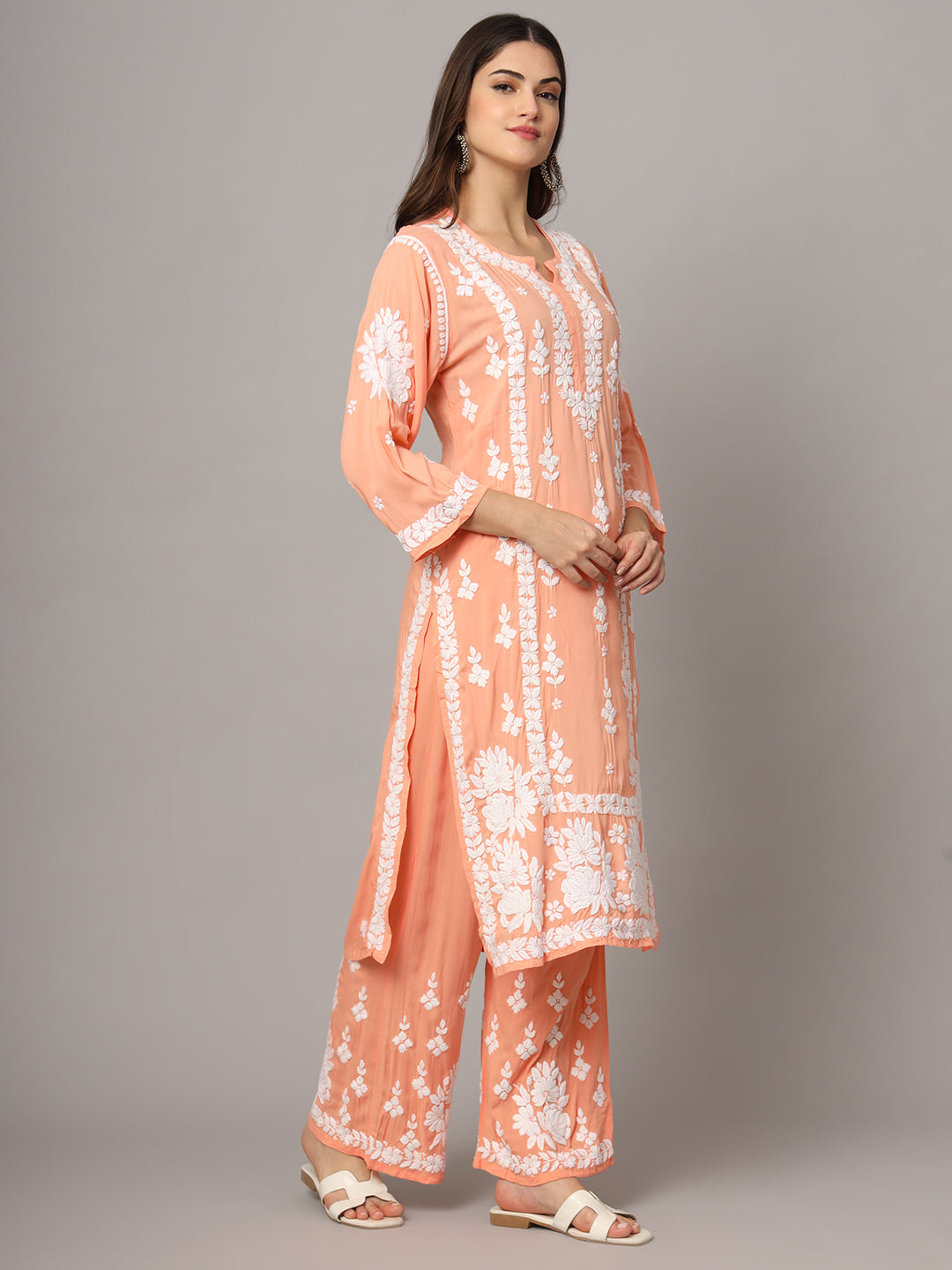 Women Hand Embroidered Chikankari Modal Kurta set-AL4049KS Peach