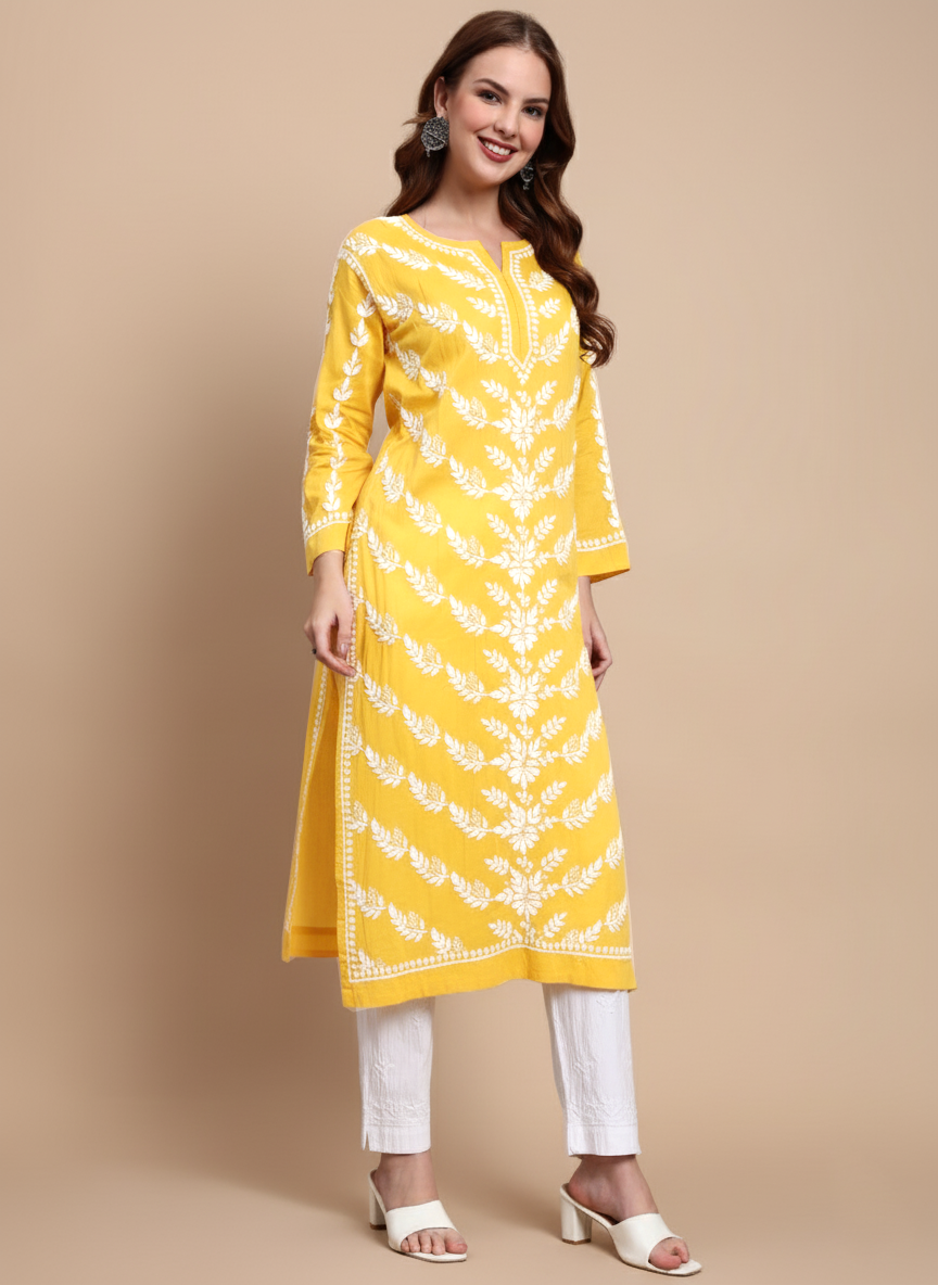 Women Hand Embroidered Chikankari Mulmul Kurta -AL3757 Yellow