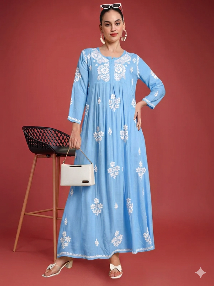 Hand Embroidered Chikankari A-Line Gathering Pattern Rayon Jalabiya-AL4012 New