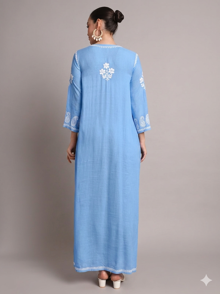 Hand Embroidered Chikankari A-Line Gathering Pattern Rayon Jalabiya-AL4012 New