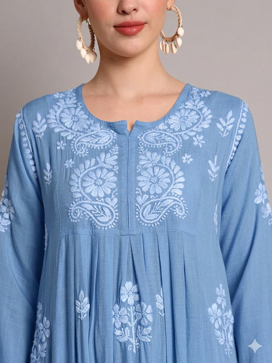 Hand Embroidered Chikankari A-Line Gathering Pattern Rayon Jalabiya-AL4012 New