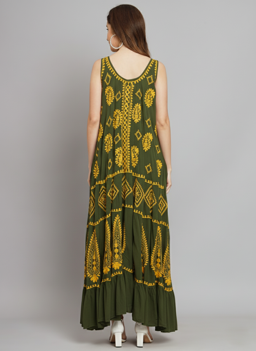 Hand Embroidered Chikankari Modal Kaftan-AL3605A Olivegreen