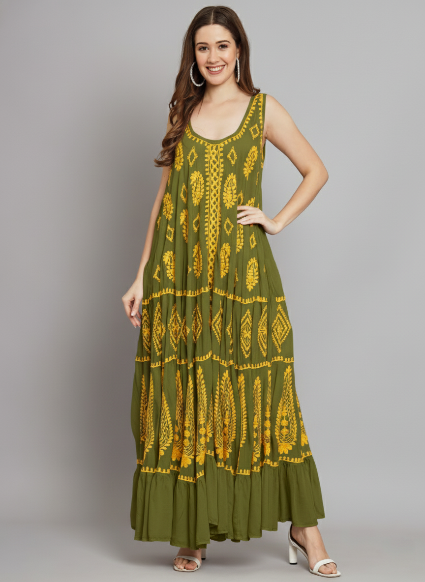Hand Embroidered Chikankari Modal Kaftan-AL3605A Olivegreen