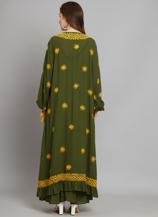 Hand Embroidered Chikankari Modal Kaftan-AL3605A Olivegreen