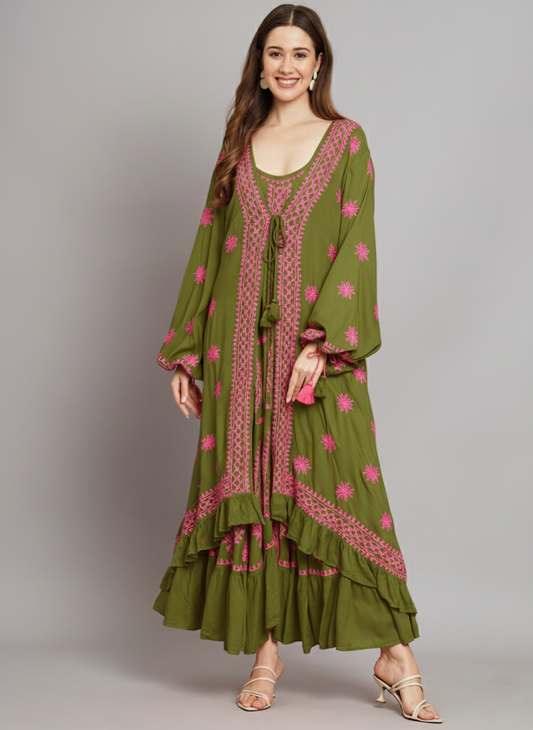 Hand Embroidered Chikankari Modal Kaftan-AL3605A Olivegreen&Pink