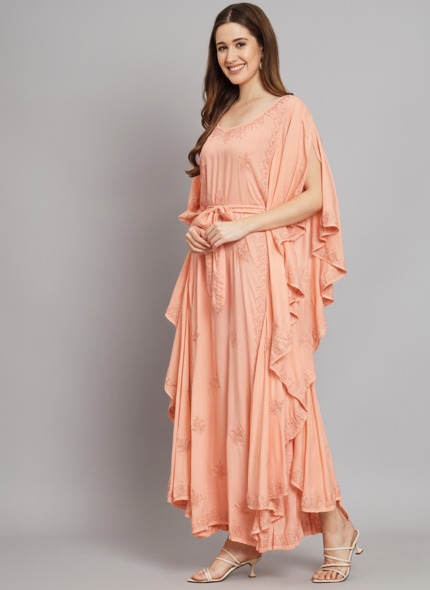 Hand Embroidered Chikankari Modal Kaftan-AL3604A Peachandpeach