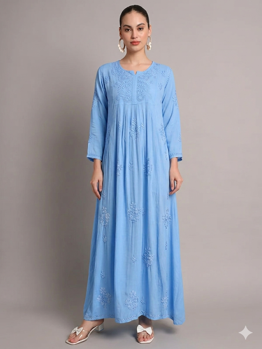 Hand Embroidered Chikankari A-Line Gathering Pattern Rayon Jalabiya-AL4012 New