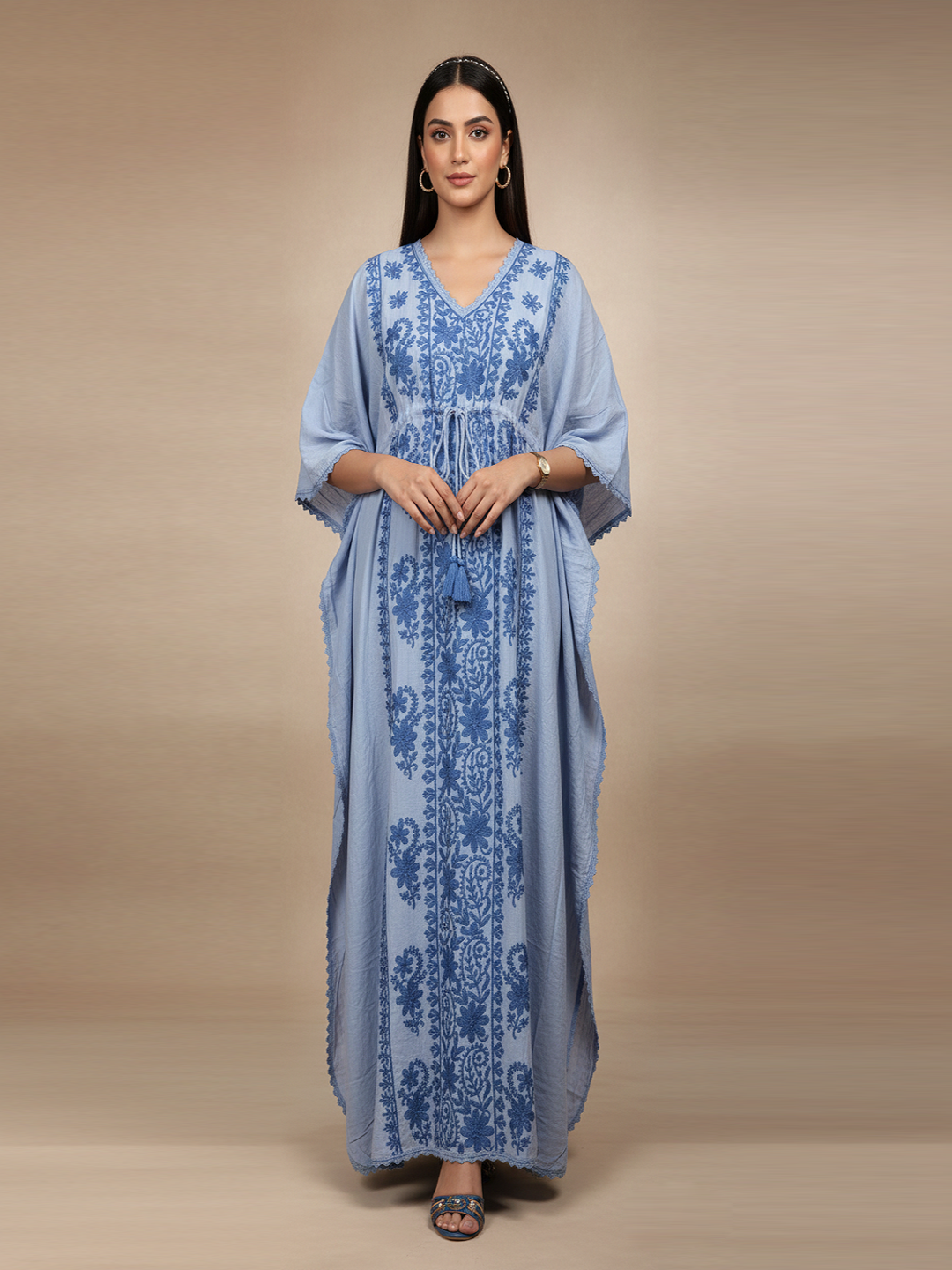 Hand Embroidered Chikankari Rayon Kaftan-AL3475 Denim
