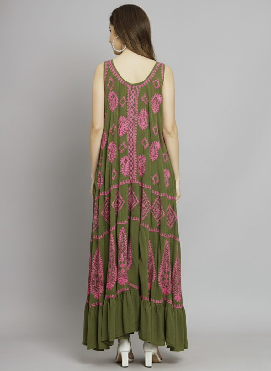 Hand Embroidered Chikankari Modal Kaftan-AL3605A Red