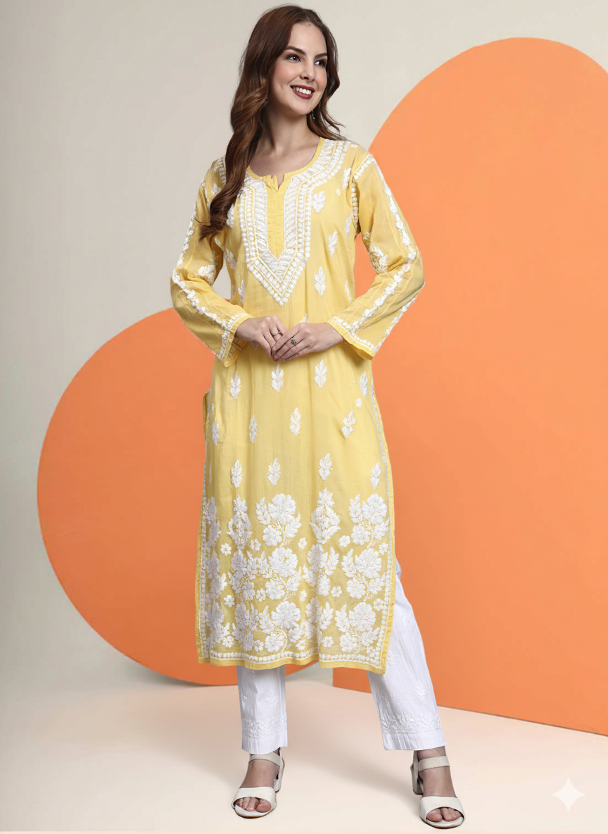 Women Hand Embroidered Chikankari Mulmul Kurti -AL3723 Yellow