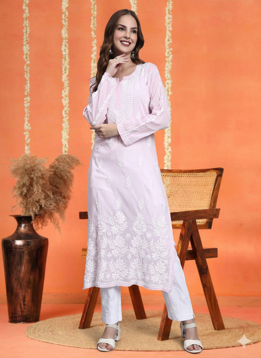 Women Hand Embroidered Chikankari Mulmul Kurti -AL3723 Pink