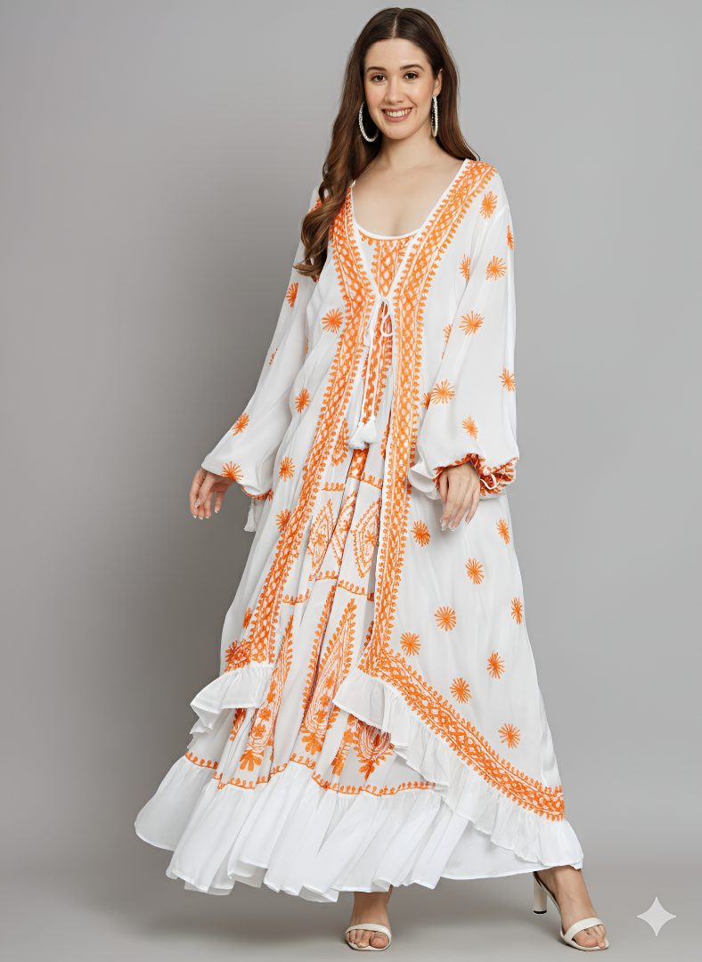 Hand Embroidered Chikankari Modal Kaftan-AL3605B White&Orange