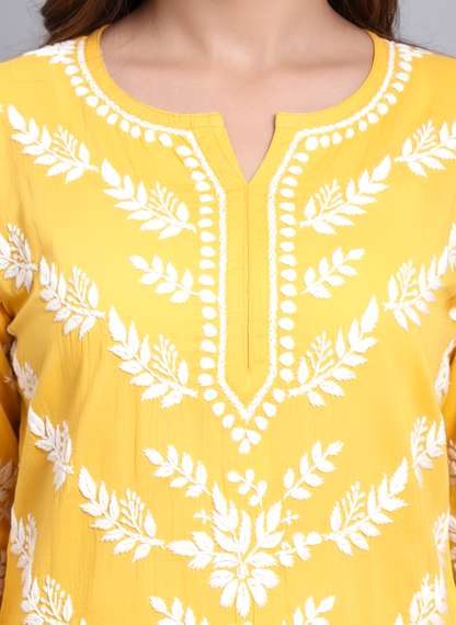 Women Hand Embroidered Chikankari Mulmul Kurti -AL3757 Yellow