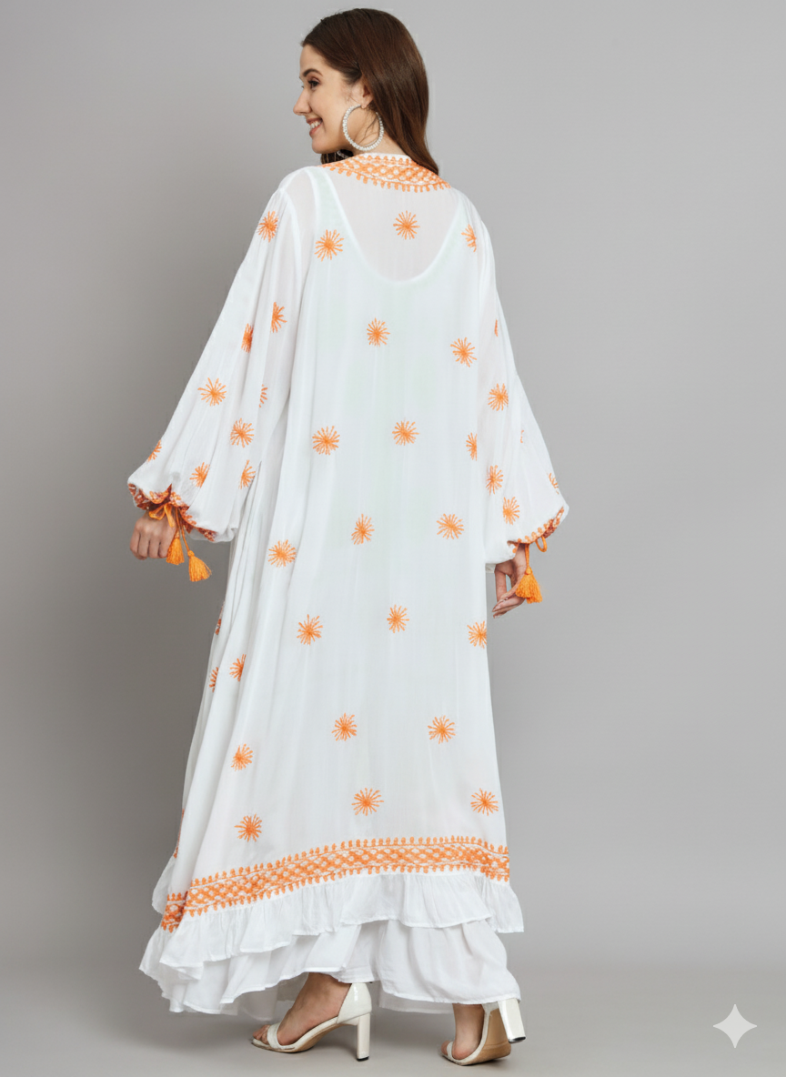Hand Embroidered Chikankari Modal Kaftan-AL3605B White&Orange